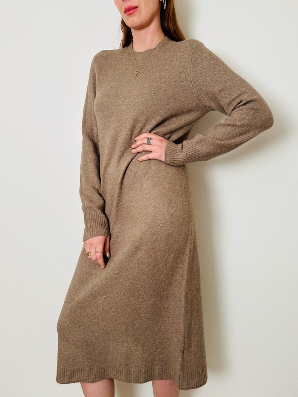 J.Crew Extra-Soft Heathered Brown Sweater Midi Dress Crewneck Long Sleeve